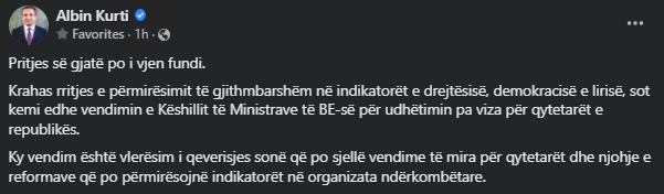 Kurti thotë se liberalizimi i vizave është meritë e qeverisjes së tij