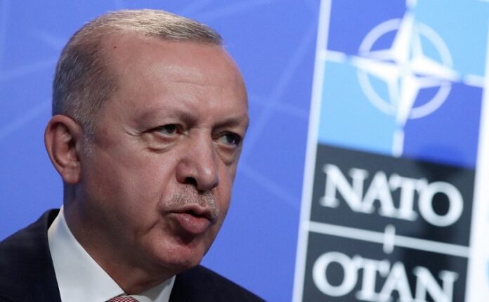 FILE PHOTO: Turkey's President Tayyip Erdogan holds a news conference during the NATO summit at the Alliance's headquarters in Brussels, Belgium