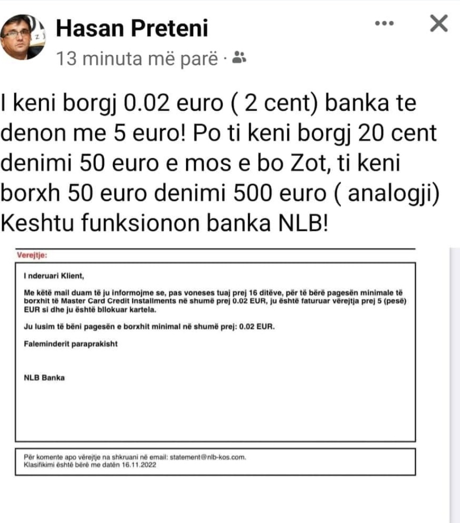 Ish-shefi i Antikorrupsionit “dënohet” me 5 euro nga NLB Banka për 2 centë borxh