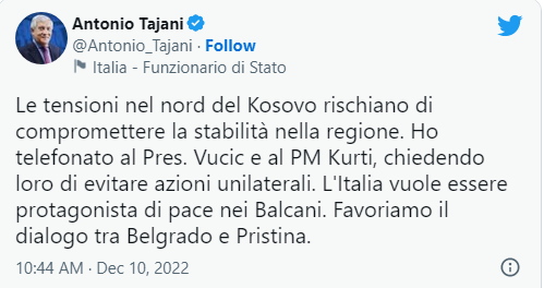 Zëvendëskryeministri italian flet me Kurtin dhe Vuçiqin: Tensionet në veri të Kosovës rrezikojnë stabilitetin në rajon
