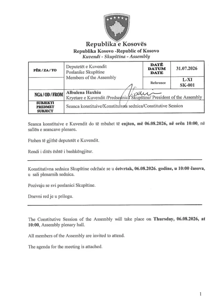Dërgohen ftesat për seancën konstituive  publikohet rendi i ditës
