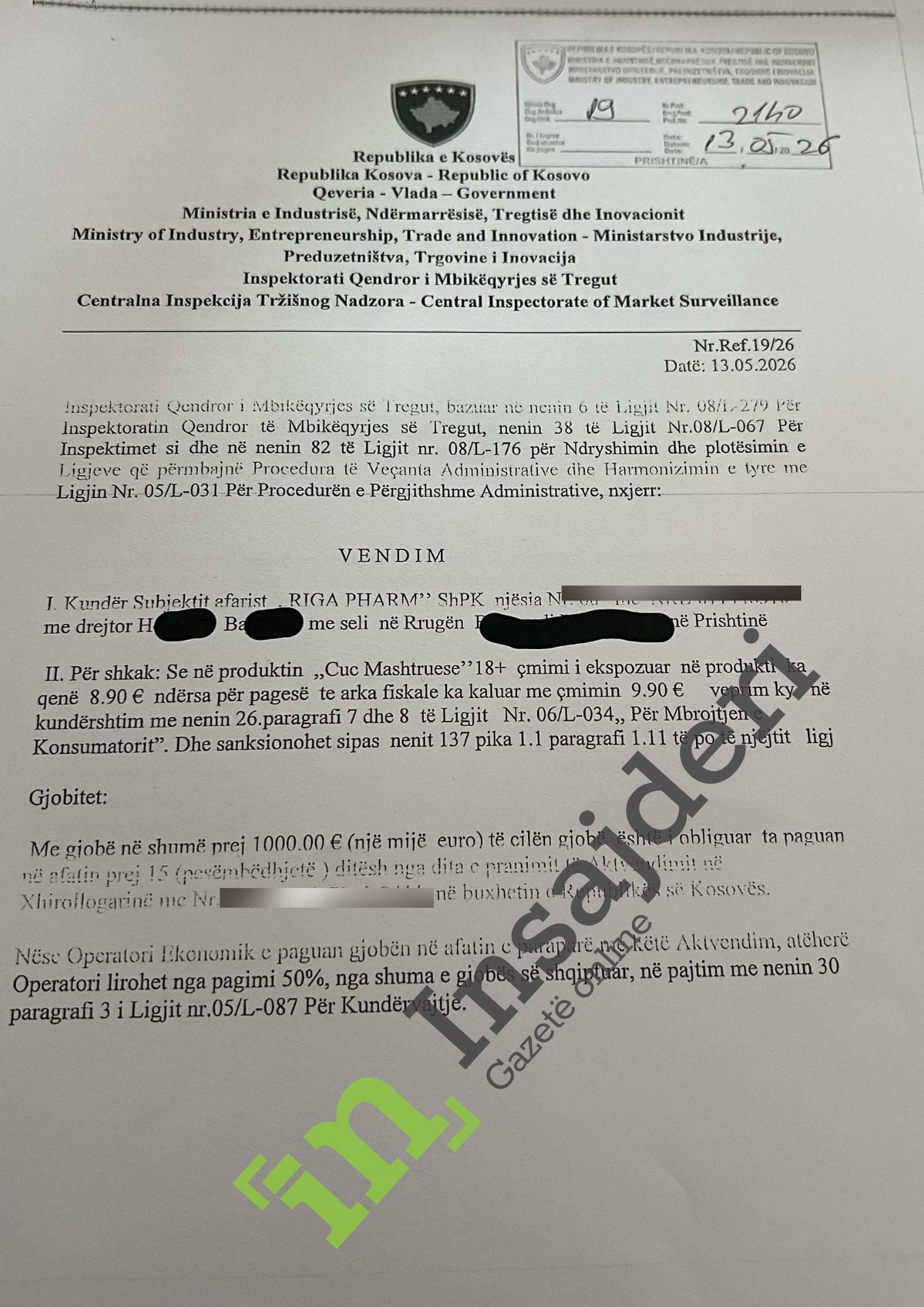 Podujeva Die Arzneimittelaufsichtsbehörde verhängt eine Geldstrafe gegen „RIGA ...